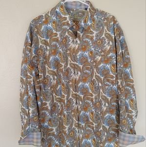 Alan Flusser Button Shirt Mens Large Blue Paisley Long Sleeve Flip Cuff